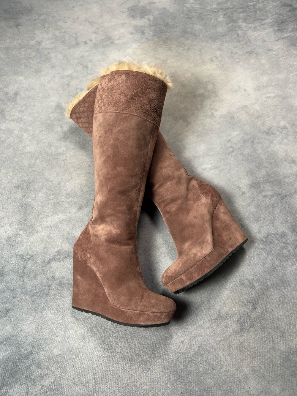 Gucci GG Courtney Suede Shearling Knee High Wedge Vintage Y2K Pink Boots